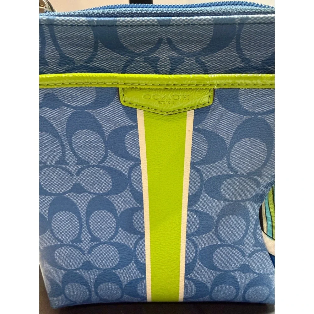 Coach Signature Blue Monogram Crossbody Bag Lime Green Stripe
